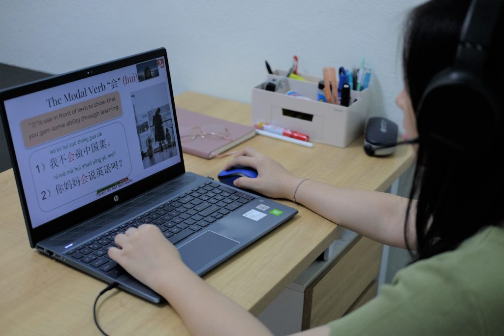 Student taking online mandarin language course